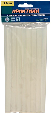 Стержни клеевые 11мм, L= 200мм, белый, 16шт, ПРАКТИКА 