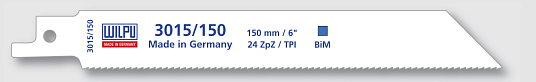Пилки для сабельной пилы 3015/150 Bi-metall, рез 130мм, жесть, сталь от 1,2мм, мелкий зуб 24tpi, (5шт), WILPU /Германия/