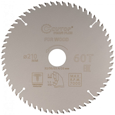 Диск пильный 210х1,5/2,2х32/30/25,4/20 мм 60Т по дереву, с тефлоновым покрытием, CUTOP Profi